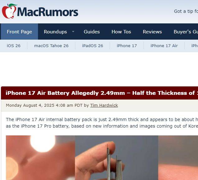 iPhone 17 Air超薄电池曝光，续航成最大悬念